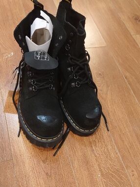 Black Lace-Up Platform Combat Boots with Yellow Stitching